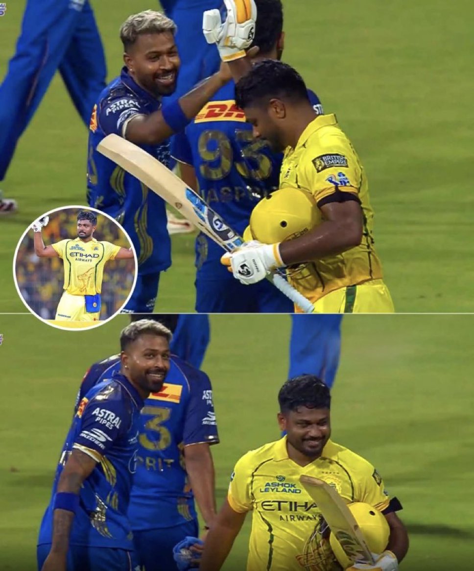 SixerSanju's tweet photo. Hardik saw how happy Sanju is playing for CSK and decided that he too will enjoy CSK’s culture 😂😂😭 https://t.co/z9RHBhPNnM