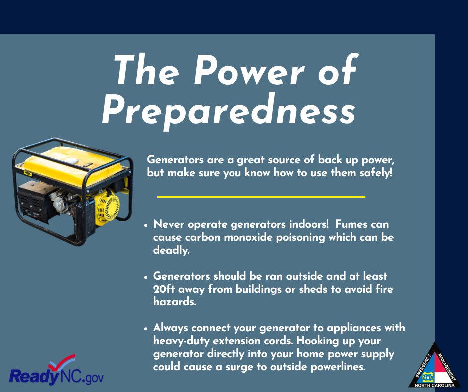 NCEmergency's tweet photo. If you lose power, you don’t want to be stuck in the dark trying to remember how to use the generator. Make sure you know how to operate it safely. Only use generators outdoors at least 20 feet away from buildings and structures. #ReadyNC https://t.co/j4IjAgDovw
