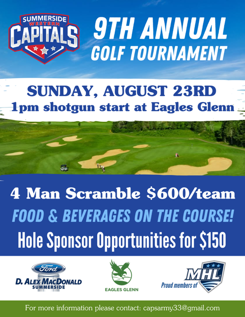 SsideCapitals's tweet photo. Calling all golfers!  Registration is now open for the 9th annual Summerside Western Capitals Golf Tournament!

Register today at capsarmy33@gmail.com.

#OurCityOurTeam https://t.co/lNxKer4LWy