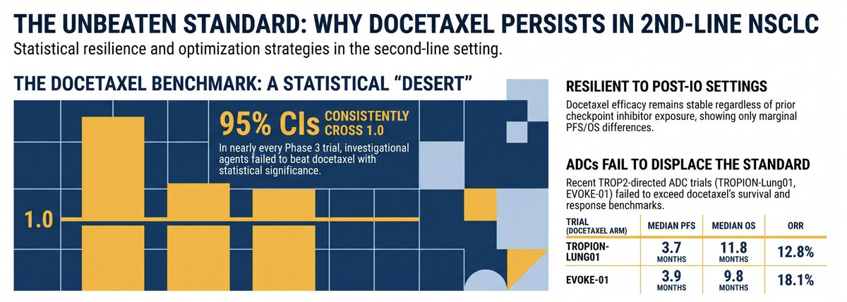 OncLive's tweet photo. Despite research efforts, docetaxel has not been displaced as a SOC in immunotherapy-refractory NSCLC.

@peters_solange discusses the efforts to improve later-line treatment options for this patient population @gotoPER #gotoPER #ILCC26 #lcsm #oncology https://t.co/bLjp6OcFGW https://t.co/R5yZzX9oX1