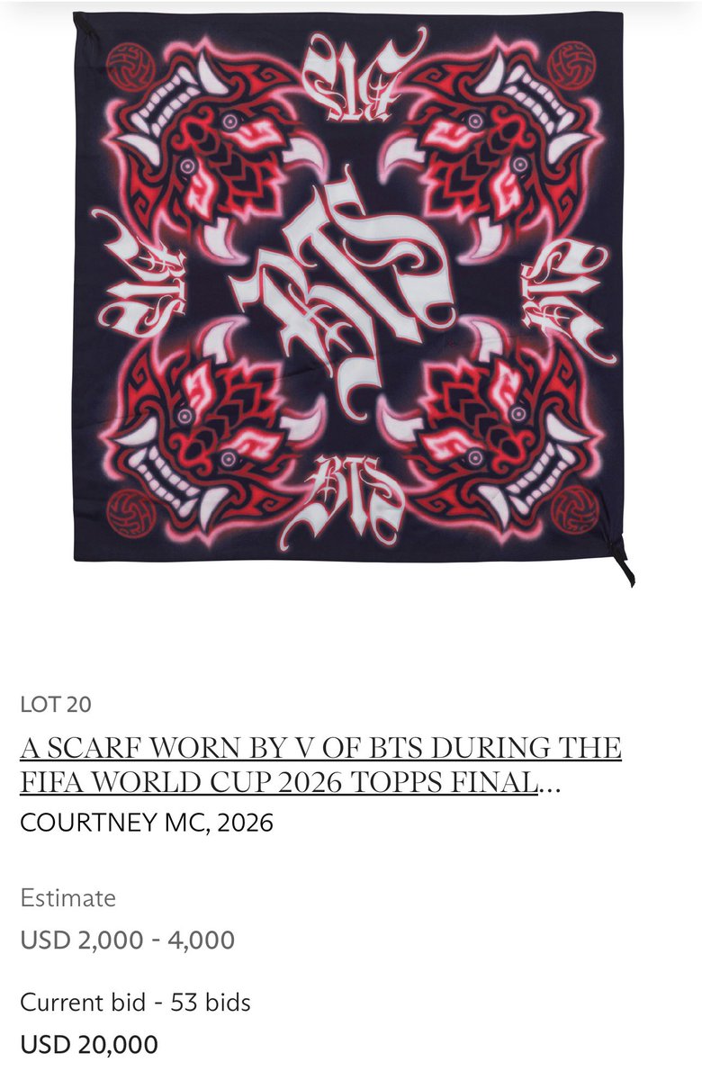 taeguide's tweet photo. [INFO] The scarf worn by Taehyung at the FIFA Halftime show 2026 has now reached $20,000 in bids in the FIFA auction https://t.co/jqIbnfgCvZ