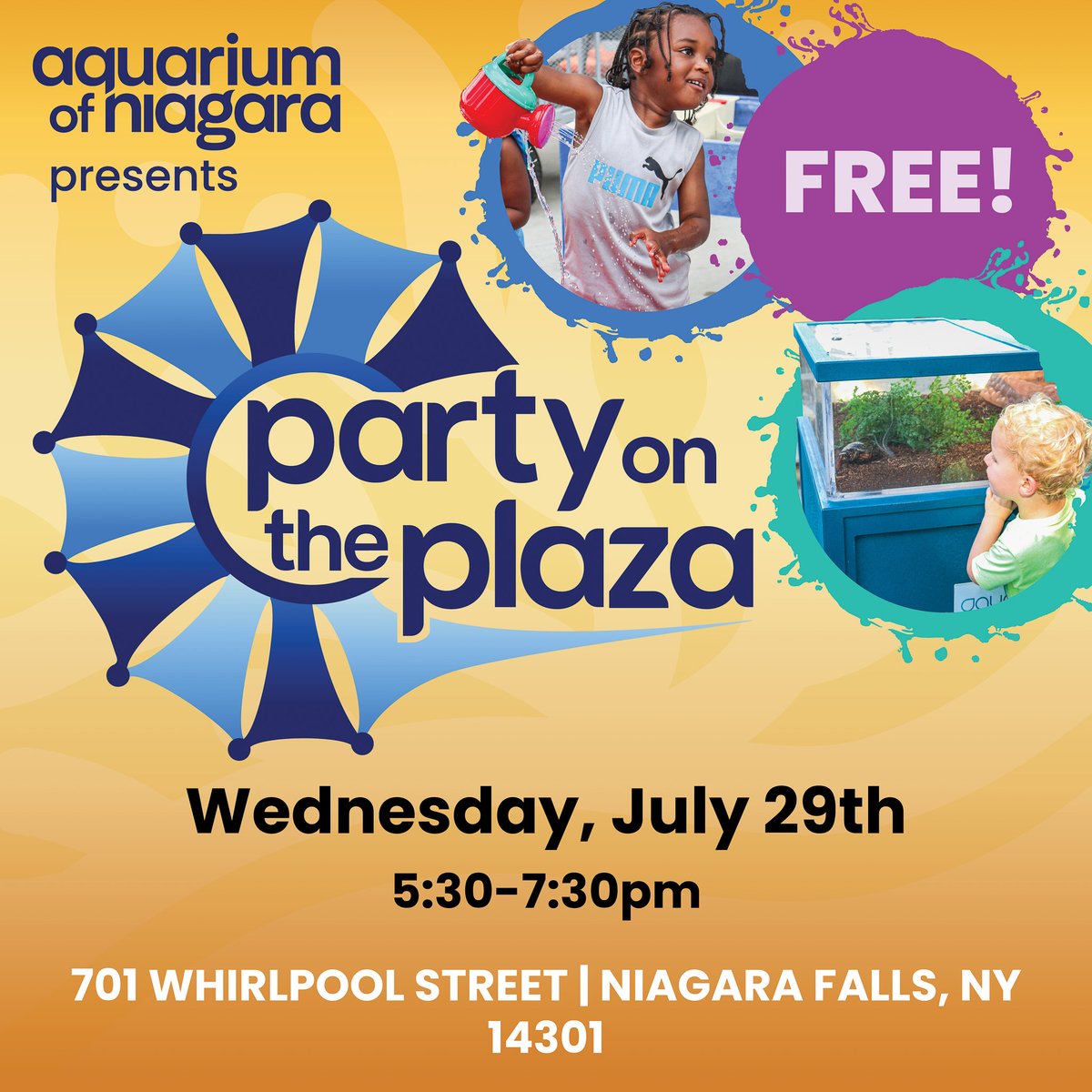 AqNiagara's tweet photo. Party on the Plaza is TOMORROW (7/29)! Head over to Whirlpool Commons for our FREE community celebration from 5:30-7:30pm. 

PLEASE NOTE: THE AQUARIUM WILL BE CLOSING AT 3PM https://t.co/ereC6cDmQn