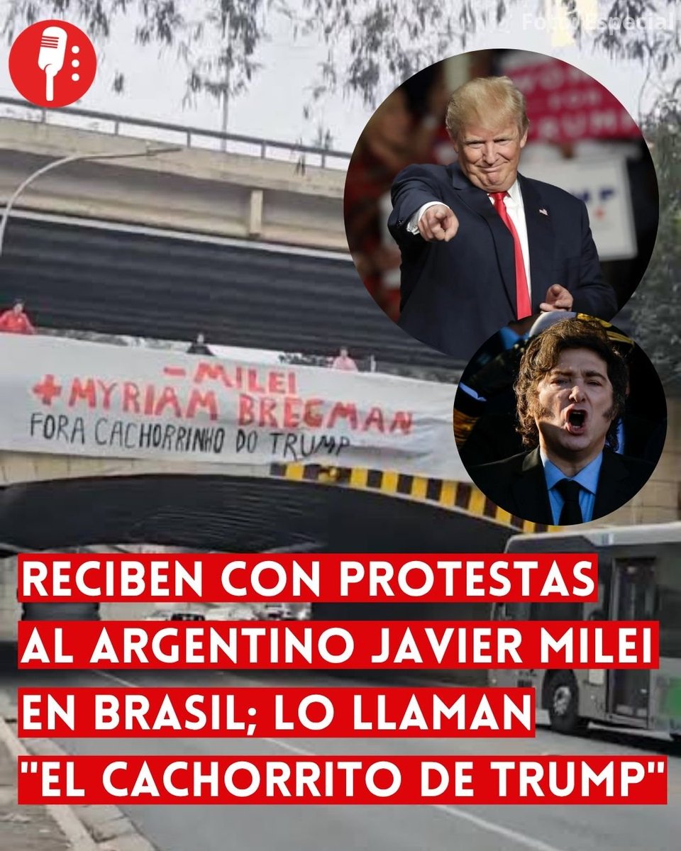 ReporterosMX_'s tweet photo. ⭕ OJO | RECIBEN CON PROTESTAS A JAVIER MILEI EN BRASIL; LO LLAMAN "EL CACHORRITO DE TRUMP"

El presidente de Argentina, Javier Milei (@JMilei), fue recibido con protestas durante su visita a Brasil para participar en un acto de respaldo a Flávio Bolsonaro, hijo del expresidente Jair Bolsonaro. En las movilizaciones, activistas desplegaron mantas con la frase "Fuera el cachorrito de Trump", en rechazo por su estrecha cercanía con el mandatario estadounidense Donald Trump (@POTUS).
https://t.co/GiGnJGJrdZ