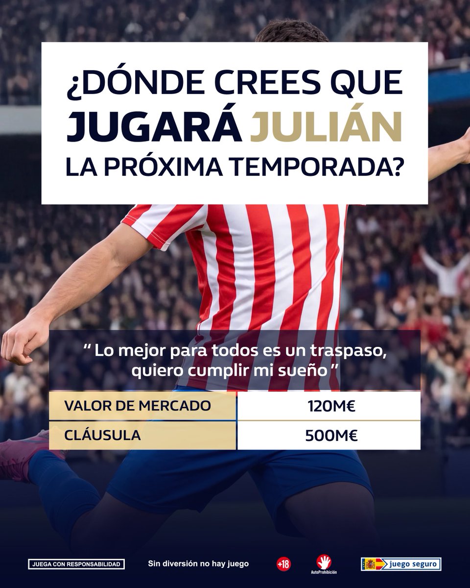 WilliamHillES's tweet photo. ❓ ¿En qué equipo estará Julián cuando cierre el mercado el 2 de septiembre?

🗣️ El jugador desató los rumores pidiendo expresamente salir del Atleti durante el Mundial...

💰 Pero los rojiblancos lo tienen muy claro: quién le quiera que ponga la claúsula https://t.co/NH9XOEw9Ed