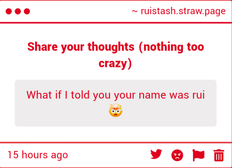 RuiStash's tweet photo. Me opening my strawpage to this singular and amazing gimmick
I now know my name thanks to anon phew... I ALMOST FORGOT I'm rui ❤️‍🩹 https://t.co/SEWmI0dnTb
