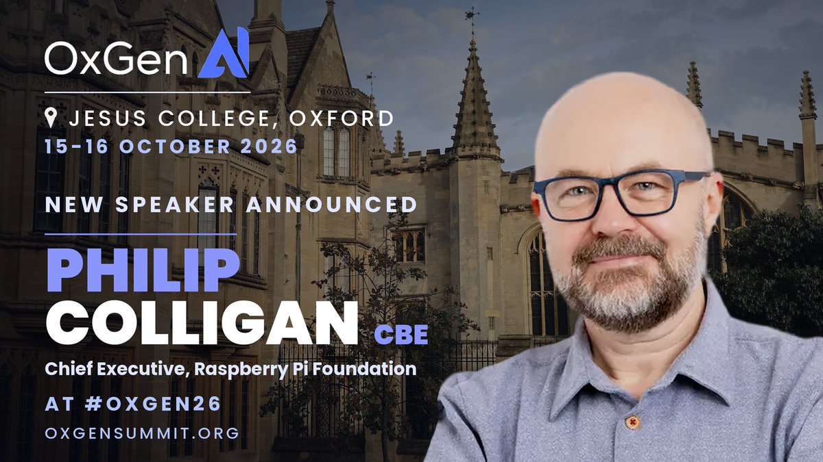 OxGenAI's tweet photo. We're pleased to welcome @philipcolligan CBE to the Oxford Generative AI Summit 2026.

Chief Executive of the @RaspberryPi_org, Philip was part of the team behind its commercial arm's 2024 London Stock Exchange IPO, and was previously Deputy Chief Executive of @nesta_uk. https://t.co/8y8iGYb8p9
