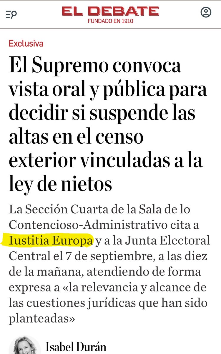 LMPardoAbogado's tweet photo. 🚨🚨 #URGENTE | OTRO GOLAZO AL SISTEMA. IUSTITIA EUROPA PUEDE PARAR LOS EFECTOS ELECTORALES DE LA LEY DE NIETOS

👏El Tribunal Supremo admite nuestra petición y fija para el 7 de septiembre la vista oral sobre las medidas cautelares solicitadas por nuestro partido político.

🏛 La Sala Tercera debatirá las cautelares planteadas por @IustitiaEuropa en su recurso contra el Acuerdo de la Junta Electoral Central. El procedimiento afecta a las altas incorporadas al CERA vinculadas a las nacionalizaciones tramitadas al amparo de la denominada Ley de Nietos.

✔️ Comparecerán el partido político Iustitia Europa, como recurrente, y la Junta Electoral Central, como parte recurrida. 

✔️ El Supremo acuerda la vista por «la relevancia y alcance de las cuestiones jurídicas planteadas por Iustitia Europa».

👊Iustitia Europa defenderá la suspensión cautelar y la auditoría de las altas censales afectadas antes de que puedan producir efectos irreversibles en un próximo proceso electoral.

👊Sí se puede cambiar España. Solo hay que quererlo y trabajar. 

👊 No podemos depender de los políticos del 78. Gracias por ser protagonista del cambio.