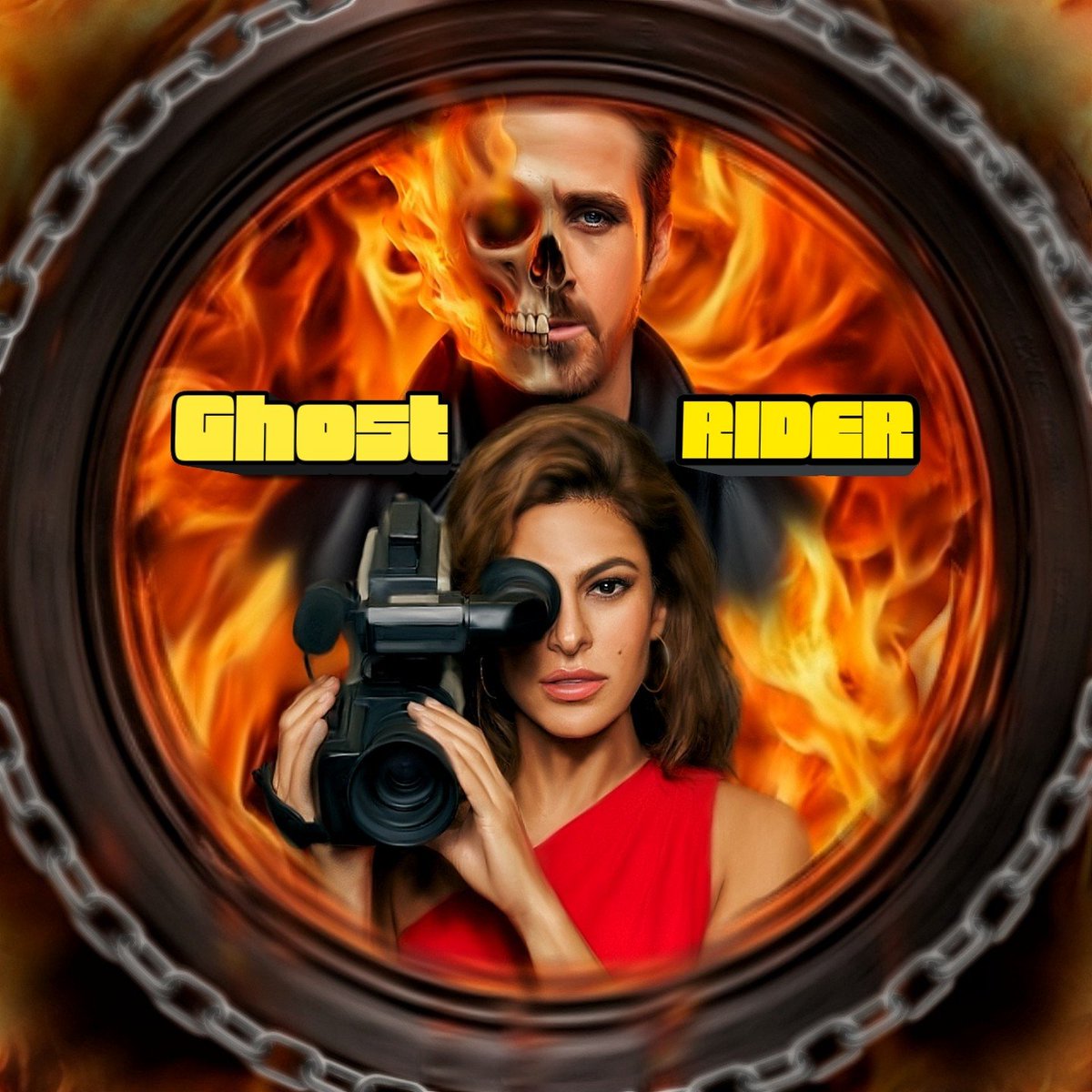 Dripanz's tweet photo. I AM So Excited that @RyanGosling is the New Ghost Rider!!!❤️‍🔥 PLEASE tell me Eva Mendes is returning as Roxanne ❤️ I made this fanart so that who ever big movie mans is that pulls all the strings would see the potential 😂 #ghostrider #ryangosling #evamendes #marvelfanart #mcu https://t.co/nNEK6oyulN