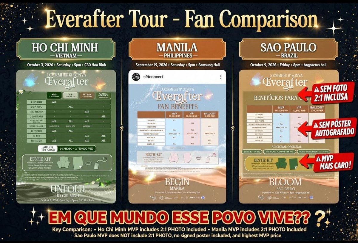 polianaconde's tweet photo. 🚨 ATENÇÃO!
Curtam, comentem, compartilhem e marquem as empresas!

NÃO podemos nos calar diante disso! A gente ama as meninas, a gente espera 1 ano, 2 anos, até 3 anos pra ter a oportunidade de ver elas aqui no Brasil. 

Esses valores não fazem sentido! O MVP e o VIP são praticamente iguais. A diferenca é apenas a foto (2:5 e 2:10), o que também é um absurdo! Porque o mínimo que o MVP deveria ter é foro 2:1 e pôster autografado!

Tu compra um ingresso MVP que inteira vai sair quase 2 mil reais e se quiser foto 2:1 e pôster autografado ainda vai ter que desembolsar mais 700 reais! Em que mundo vocês vivem? Aqui é Brasil!

E o país é gigante! É um rolé absurdo pra chegar em São Paulo, com passagens caríssimas e ainda tem hospedagem.

Os adicionais deveriam ser Mini Talk, Fansign. Que isso!? Vocês estão loucos. Mercenários!

Eu tô tão revoltada com isso! Tá uma vergonha! Nós queremos respeito porra ! Vocês estão loucos! Estão pensando que aqui é China? Tá ridículo! Um absurdo!

Vejam a diferença dos outros países para o Brasil. Estão nos tirando de otários!

REVEJAM ISSO! AINDA DÁ TEMPO!

@gigmusicoficial @cdmentph @S9TConcert @CHANGEARTIST_