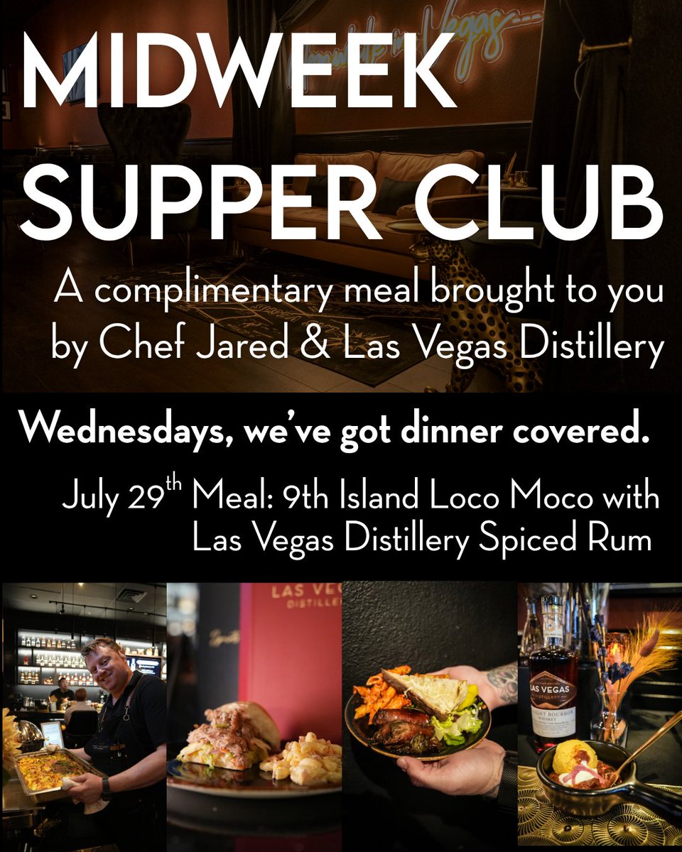 vegasdistillery's tweet photo. Join us for our complimentary, family-style Midweek Supper Club tomorrow, Wednesday, July 29th. Chef Jared is serving 9th Island Loco Moco made with Las Vegas Distillery Spiced Rum. 

Dine-in only. No to-go options available. https://t.co/nWgI2dcRmr