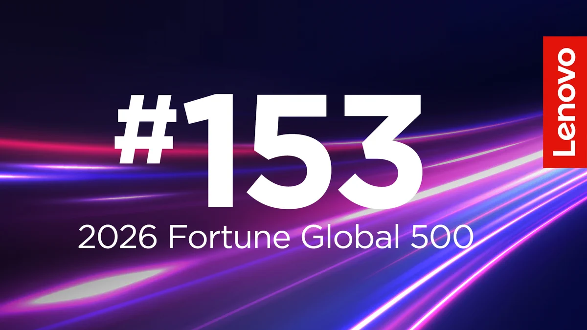 Dynamic purple and pink background with light streaks. Centered white text reads \"#153\" above \"2026 Fortune Global 500\". On the right, a red vertical bar features the Lenovo logo.