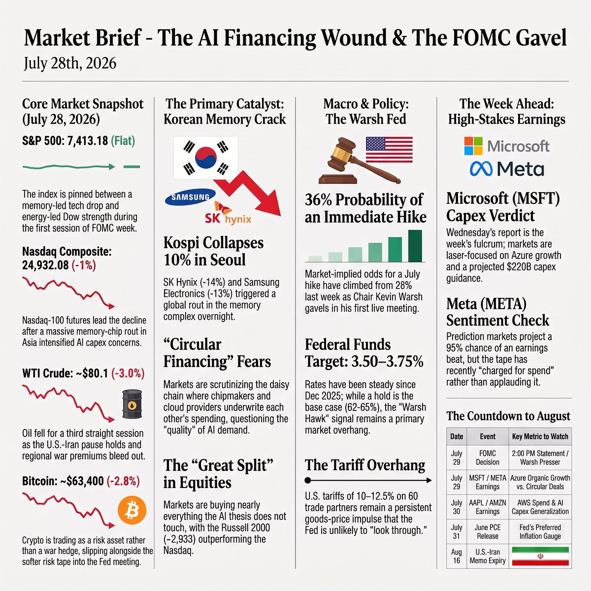 _alphadesk's tweet photo. Global macro desks are trading an incredibly unusual tape today. While a welcome pause in Middle East hostilities has dragged crude lower to provide broad inflation relief, the respite is being entirely erased by a brutal, cross-border liquidation across the high-flying semiconductor sector.

Tech indices are taking the brunt of the damage, with the Nasdaq falling 1.0% to 24,932.08. The broader S&P 500 is holding flat at 7,413.18 as non-AI industrial value and small-caps step in to stabilize the tape.

Overseas tech hubs suffered a historic shock as Seoul's KOSPI collapsed nearly 10% overnight. Memory giants Samsung and SK Hynix sparked a global hardware de-rating, plunging 14% and 13% respectively.

Long positions are facing a deep credibility test following reports that $NVDA is discussing up to $250 billion in financing guarantees for an @OpenAI data center project. Analysts are aggressively scrutinizing this cross-underwriting loop, questioning whether hyperscaler chip demand is organic or structurally manufactured.

The Federal Open Market Committee kicks off its highly anticipated two-day policy session today. Fixed-income desks have aggressively pushed the market-implied odds of an immediate, surprise interest rate hike up to 36% (up from 28% last week) as newly seated Fed Chair Kevin Warsh presides over his first live meeting.

The baseline target range remains frozen at 3.50% to 3.75%, but the central bank faces a structural dilemma. Aggressive 10% to 12.5% import tariffs across 60 global trading partners are acting as a permanent cost-push goods inflation vector that policymakers cannot afford to ignore.

With crude oil sliding a third straight day to cross below the $80.10 handle on regional diplomacy, safe-haven gold is idling, while $BTC has completely shed its safe-haven narrative to trade as a pure high-beta risk asset, falling 2.8% to break local support at $63,400.

The monumental 2:00 PM ET tomorrow Fed rate decision lands simultaneously with high-stakes Microsoft and Meta earnings, where desks will demand real cloud revenue translation over massive $220B capex guidance.

Apple and Amazon prints drop ahead of the core PCE deflator—the Fed's absolute preferred inflation gauge.

If Kevin Warsh delivers a sternly hawkish warning tomorrow or if Microsoft’s cloud revenue fails to justify its massive capex run rate, institutional de-risking will accelerate, sending the tech-heavy index down an additional 3.5% to break its summer lows. Consequently, this double macroeconomic shock will likely cause $BTC to break its immediate $63,000 stabilization zone, triggering a swift automated margin flush down to test structural support at the $59,500 baseline.