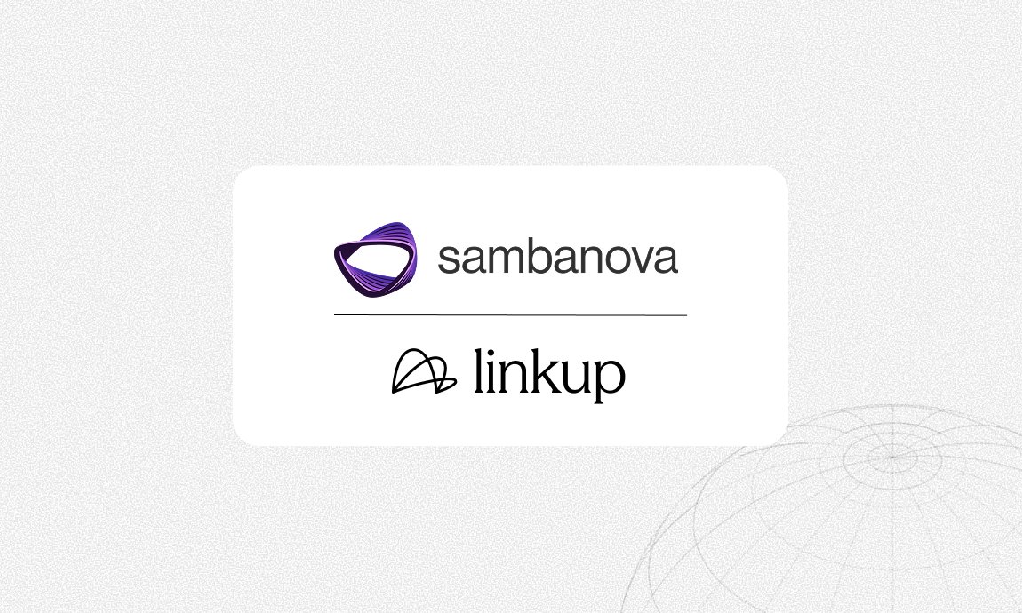 Linkup_platform's tweet photo. We’re excited to make @Linkup_platform seamlessly available on the @SambaNovaAI platform, enabling developers to enrich those models with fresh, verifiable information from the web. https://t.co/j7BG2RgBVp