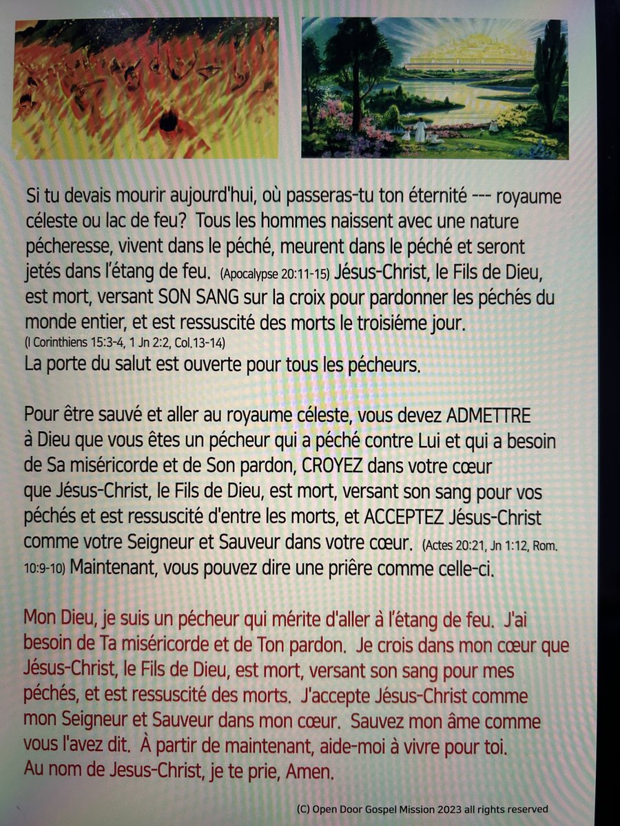 danieljung6107's tweet photo. ⏰ ⏰ ⏰ 
C'est la dernière ligne droite : le Créateur de l'univers entier et de toutes choses, le Roi des rois, le Sauveur du monde, le Seigneur Jésus-Christ, revient bientôt ! ​​Les signes sont partout, mais les gens sont trop distraits pour les voir. Ce monde disparaîtra, tout comme les choses que les hommes convoitent. Ce qui compte vraiment, c'est l'éternité ! « Réveillez-vous ! »
Avant qu'Il ne revienne pour emmener les saints sauvés au ciel et que ceux qui ne sont pas sauvés ne fassent face au jugement éternel (l'étang de feu), il y a DEUX CHOSES IMPORTANTES à faire :
Êtes-vous VRAIMENT sauvé ? Prêt à aller au ciel ? Si ce n'est pas le cas, prenez le temps de lire attentivement le message de l'Évangile et d'être sauvé.
Si vous êtes VRAIMENT sauvé, envoyez cette photo du tract évangélique à vos proches non sauvés, où qu'ils soient, avant qu'il ne soit trop tard ! ILS NE DOIVENT PAS ALLER DANS L'ÉTANG DE FEU. C'est peut-être votre dernière chance. La porte du salut est encore ouverte, mais plus pour longtemps... Notre temps sur terre touche à sa fin. Je vous aime tous sincèrement ❤️❤️❤️