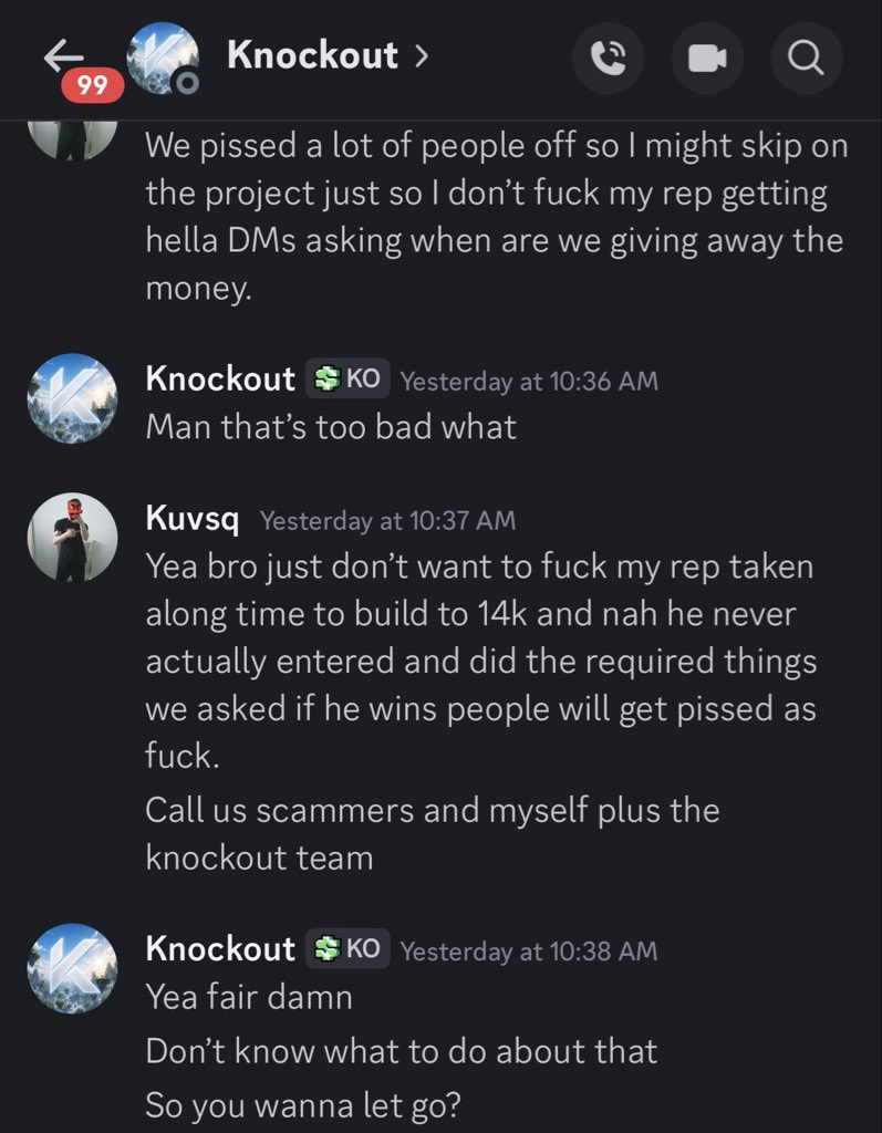 kuvsq's tweet photo. Here’s some more proof @playknockoutgg is sketchy lucky I got the screenshot before hand he tried deleting the msg about faking a giveaway please keep safe in the community guys. 🫶 https://t.co/oqs9Ltt4bt