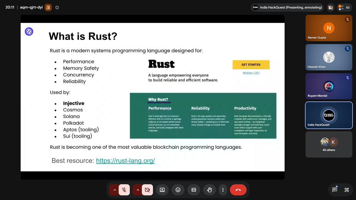 NGupta7909's tweet photo. Townhall #3 was packed with insights! 🚀 Learned the fundamentals of Rust and CosmWasm, taking another step toward building secure and efficient smart contracts in Web3. 
@HackQuestIN 
@injective 
@imanishbarnwal 
@AbhirupTweetOn 

#HackQuestIndia  #Web3 #Blockchain https://t.co/t0j9tce756