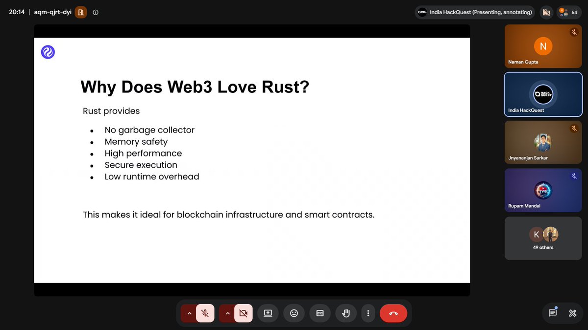 NGupta7909's tweet photo. Townhall #3 was packed with insights! 🚀 Learned the fundamentals of Rust and CosmWasm, taking another step toward building secure and efficient smart contracts in Web3. 
@HackQuestIN 
@injective 
@imanishbarnwal 
@AbhirupTweetOn 

#HackQuestIndia  #Web3 #Blockchain https://t.co/t0j9tce756