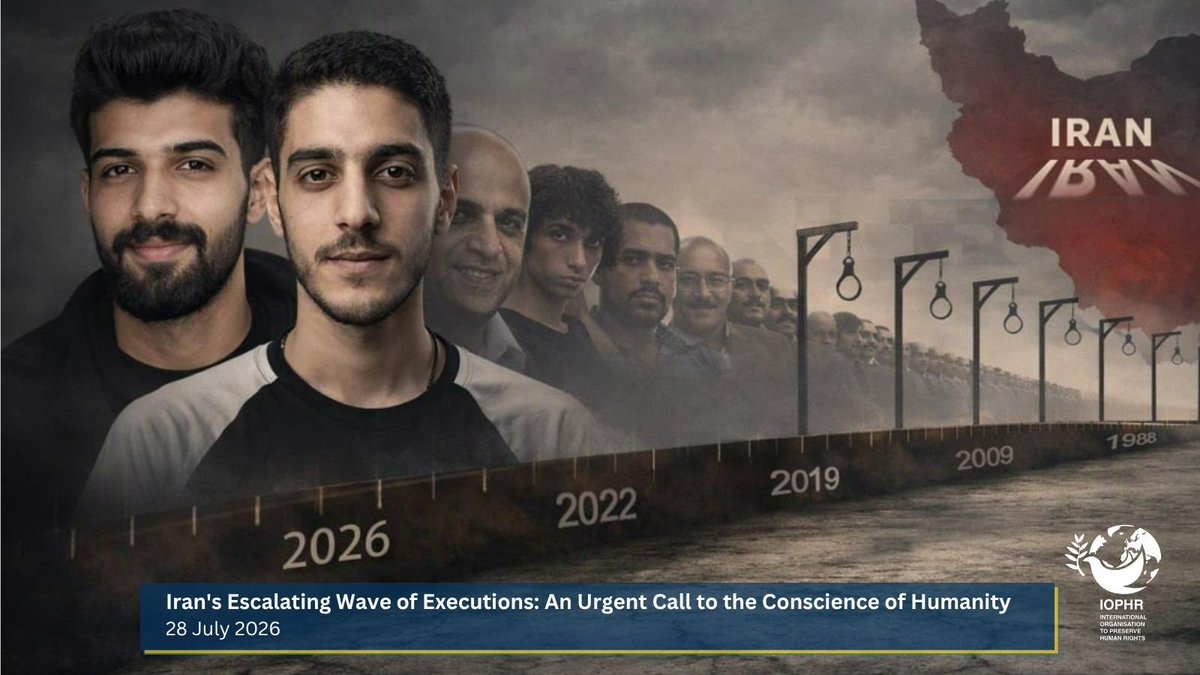 IOPHRpress's tweet photo. IOPHR condemns, in the strongest possible terms, the latest wave of executions carried out by the Islamic Republic of Iran, including the execution of two young men in Isfahan and the deeply alarming reports that several more executions are imminent.

Among the latest victims of the Islamic Republic’s execution machinery are young people whose cases have become emblematic of the repression of a new generation of Iranians. These include Amir Hossein Safari and Abolfazl Sepahi, publicly executed by hanging this morning (28th July 2026) for the so‑called ‘crime’ of protesting.

Read full article here 👉https://t.co/ywQJKtwxWM