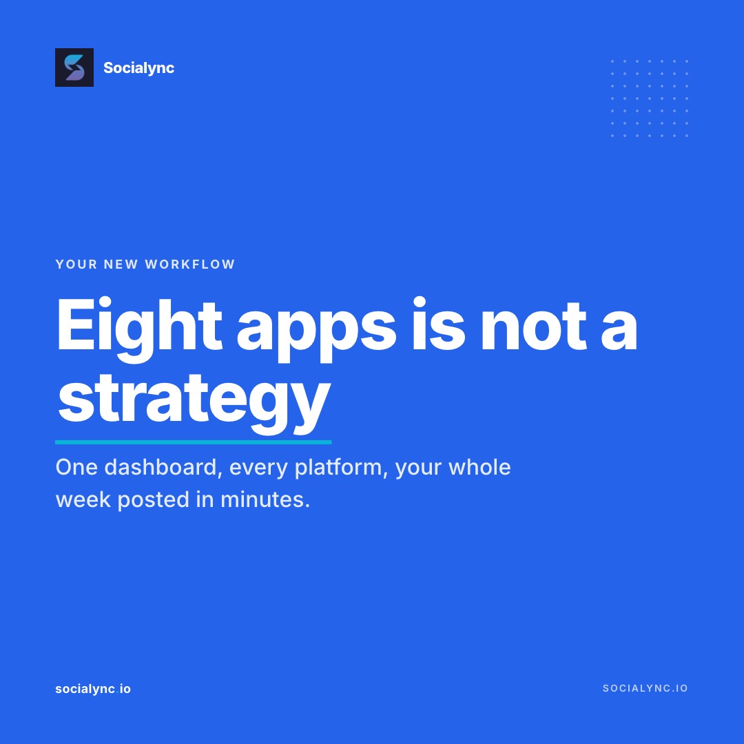 Socialync_io's tweet photo. Eight tabs, eight logins, eight chances to give up halfway. Or one dashboard. #socialmediamanager #productivity #socialync #socialmediatools #schedulingtool https://t.co/NpmkCW8O61