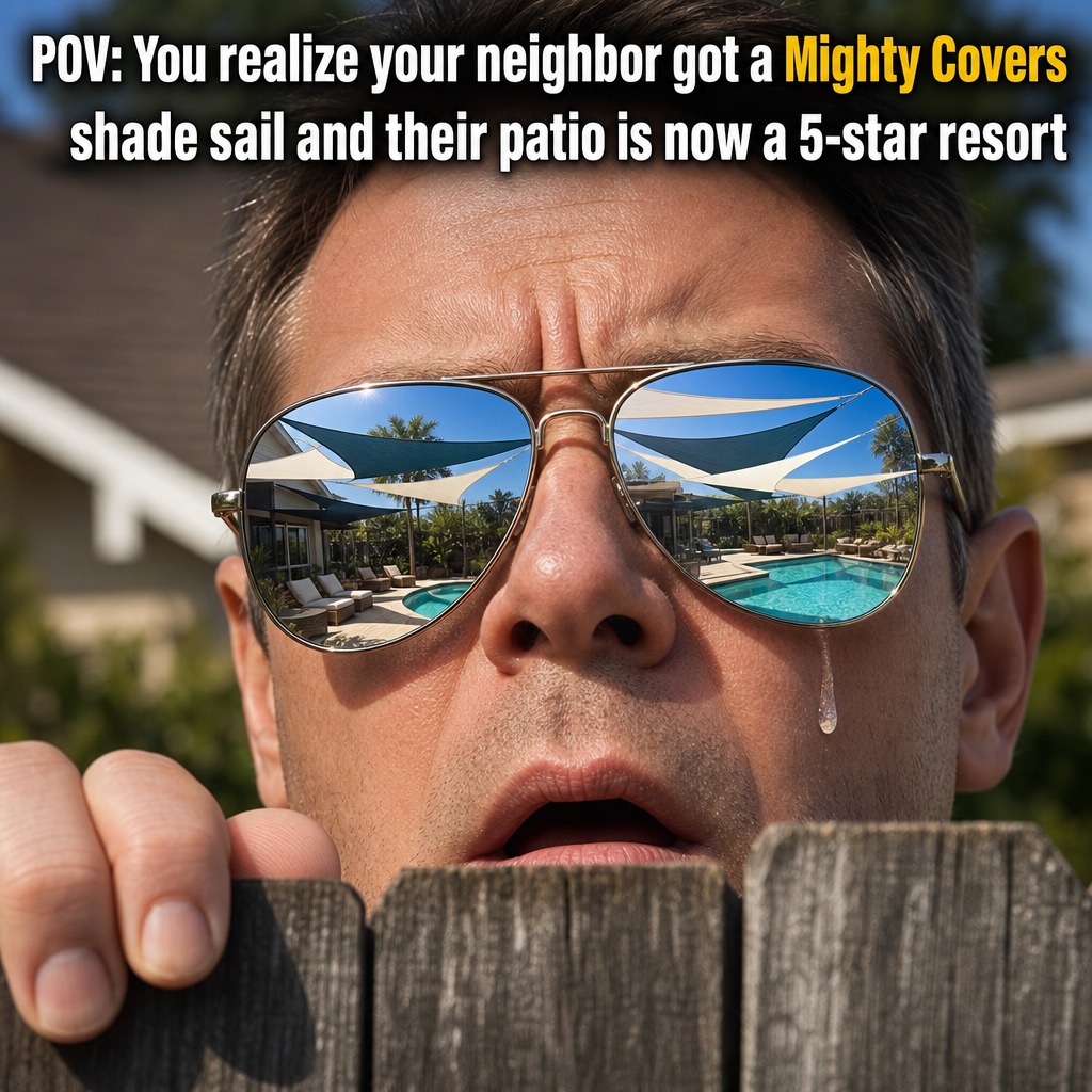 MightyCoverscom's tweet photo. The neighborhood patio wars have officially begun. Don't be the guy shedding a single tear over the fence. Upgrade your outdoor space with a professional-grade shade sail and turn your backyard into a 5-star resort. Get 10% off your custom setup today. #ShadeSails https://t.co/yntAfAz9gc