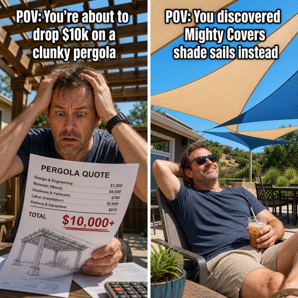 MightyCoverscom's tweet photo. a $10,000 quote for a wooden pergola is a quick way to ruin your outdoor renovation budget. skip the construction zone. our architectural shade sails deliver premium uv protection and a modern aesthetic at a fraction of the cost. #OutdoorDesign #ShadeSails https://t.co/SwJ7InrJma
