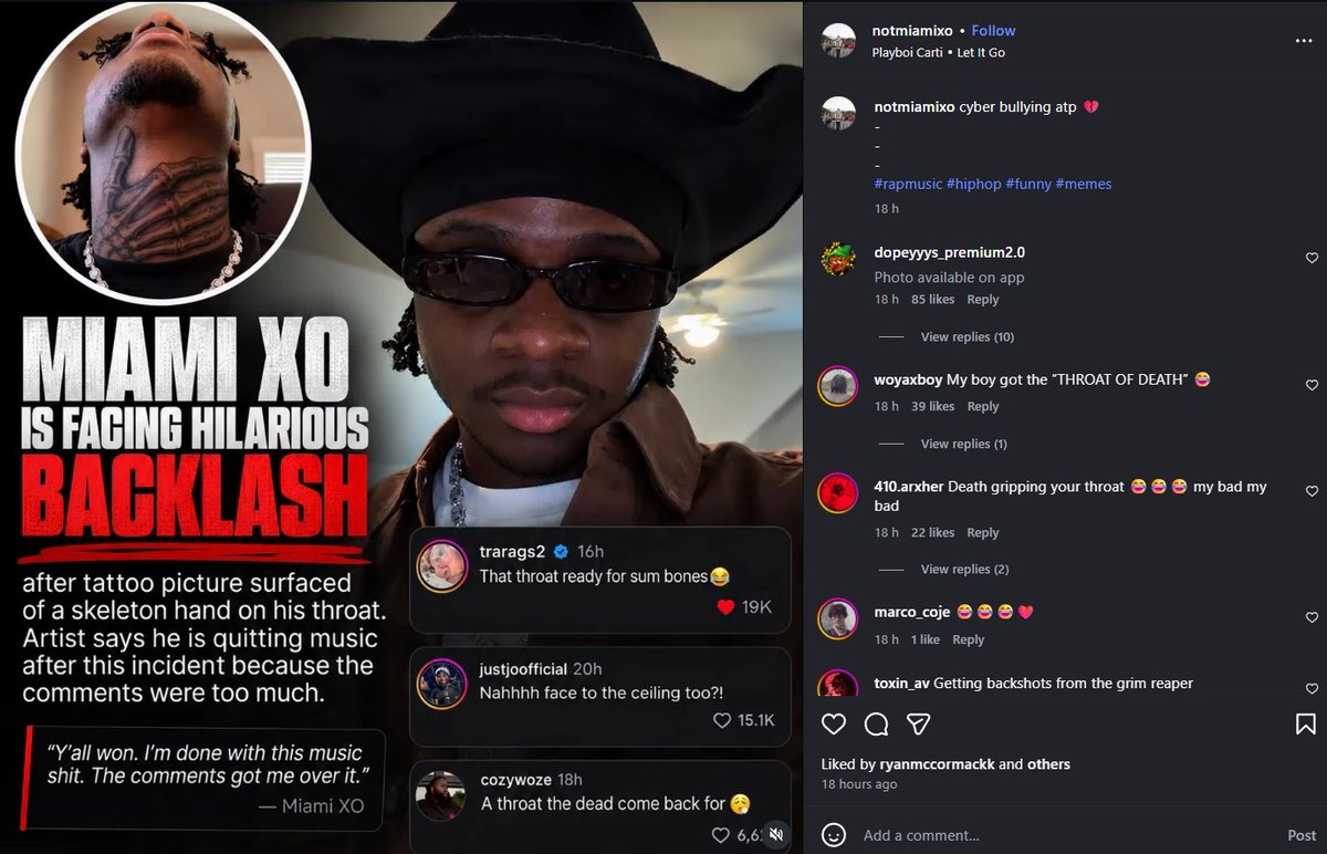 devilsiopf's tweet photo. I think I found something really good and viral

So there is a trend of awful throat tats going viral

So this guy has been going viral for getting a crazy sus throat tattoo

And everyone has been memeing him so hard, so many tweets about this: https://t.co/iVAAoc6PKk

It started when he posted showing off his throat tat on Instagram and now its been blowing up with so many funny quotes and comments

Original post on IG: https://t.co/WP6eq22koY

He even posted about the blacklash on IG to show you how viral it has gotten: https://t.co/eToArwdR8K

$Throat