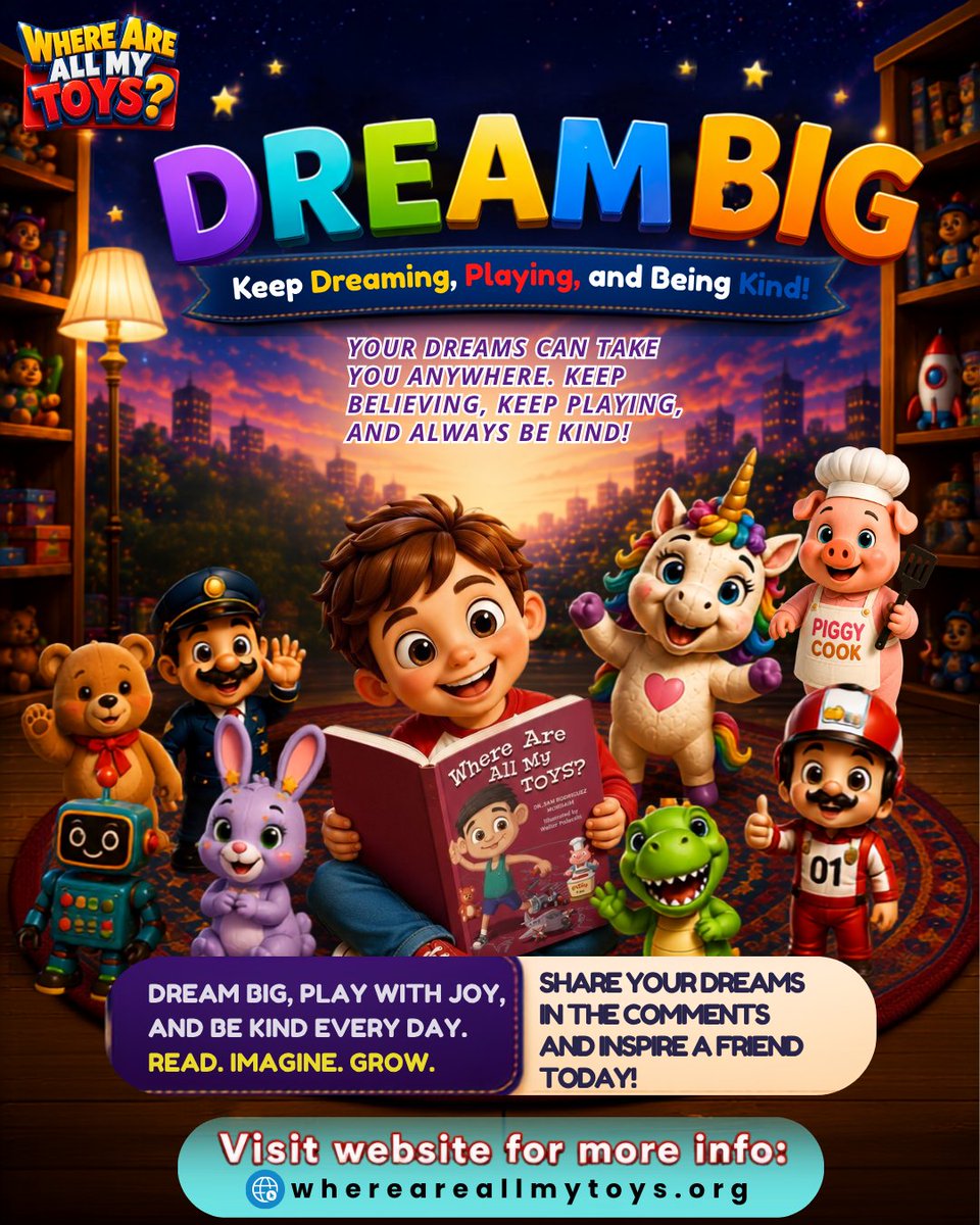 AuthorSamM's tweet photo. ✨ Dream big. Play with joy. Be kind every day.
Jimmy and his toy friends remind us that imagination and kindness can take us anywhere. 💙
📖 Discover the adventure at https://t.co/cYIwEUrBEj
#WhereAreAllMyToys #DreamBig #KidsBooks #ReadTogether #KindnessMatters https://t.co/syy0vaelJ3
