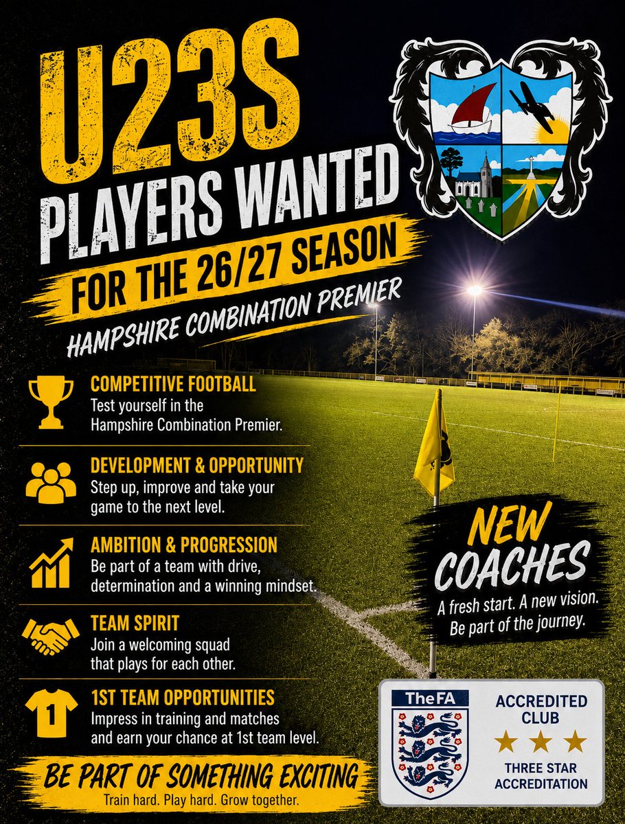 HambleClubU23s's tweet photo. As we prepare for the new season, we're looking to strengthen an already competitive squad with players who can add quality both on and off the pitch.
If your intrested and fancy a new challenge then get in touch 💪🟡
#HambleFC #UTM #U23s #Hampshire #MidweekFootball https://t.co/FdkBmyC6vd