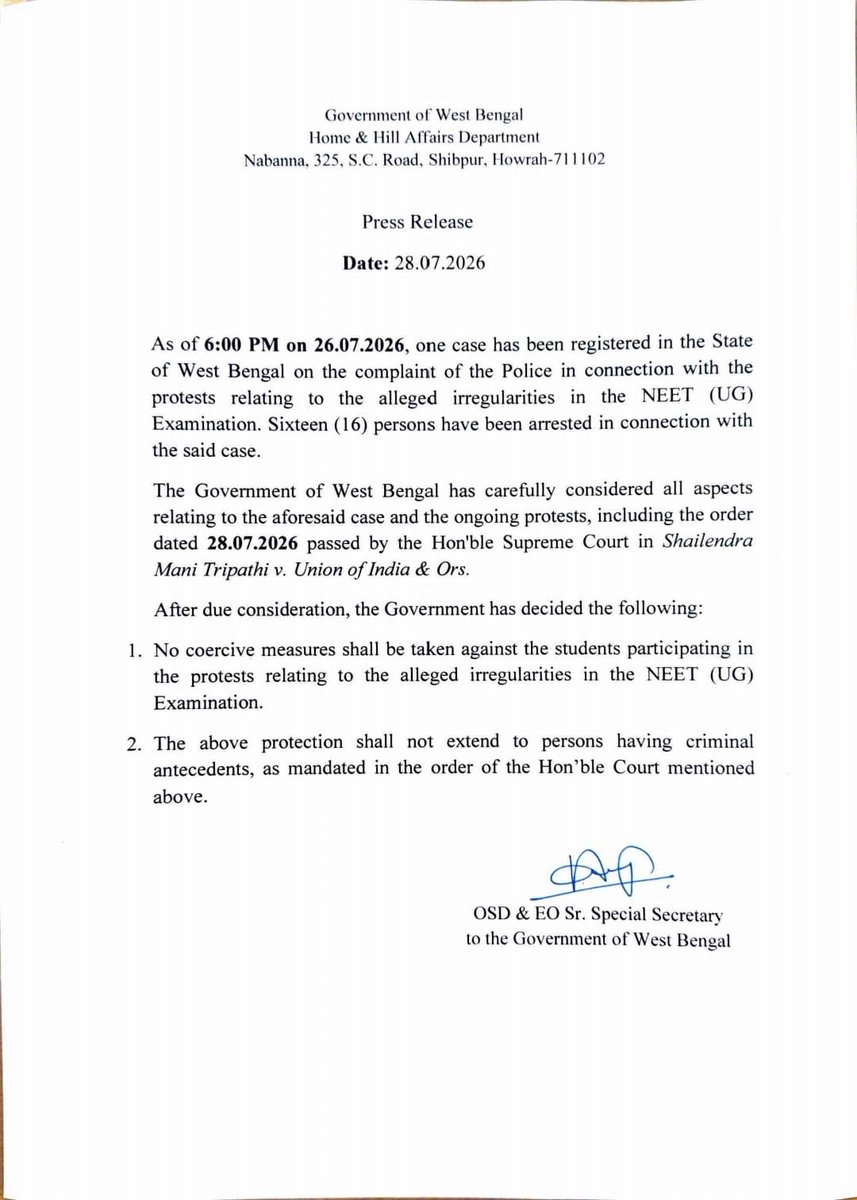 ANI's tweet photo. Government of West Bengal issues order -  "No coercive measures shall be taken against the students participating in the protests relating to the alleged irregularities in the NEET (UG) Examination.

The above protection shall not extend to persons having criminal antecedents, as mandated in the order of the Hon'ble Court mentioned above."