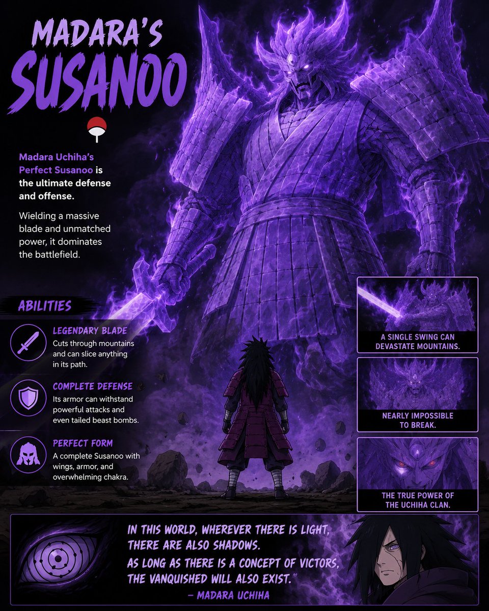 Mandygal29's tweet photo. 💜 Madara's Susanoo.

Madara's Perfect Susanoo was so powerful that a single swing of its blade could devastate mountains. It remains one of the most feared abilities in Naruto.

🔥 The ultimate Uchiha power.

#Naruto #Madara #Susanoo #Uchiha https://t.co/kMe3qQezQa