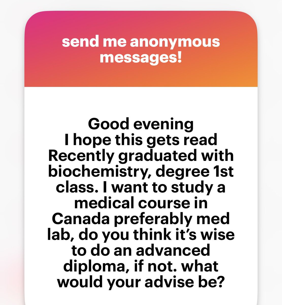 Olufemiloye's tweet photo. Do you have over N40 million to comfortably spend for the Advanced Diploma?

Or if interested in research, look towards Research based Masters. Your first class is an added advantage for full funding. 

Or consider PR through express entry if you have healthcare/social services related work experience in one of the priority jobs here (Med Lab is one of the jobs) https://t.co/mHC8ve5Hxr