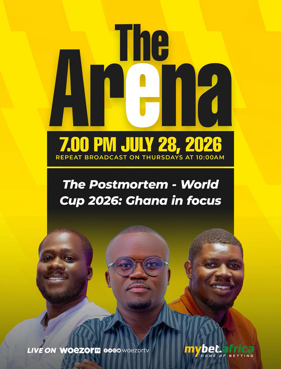 WoezorTV's tweet photo. The Black Stars' 2026 FIFA World Cup journey is over. What went wrong, and where does Ghanaian football go from here?
Join our panel for an in-depth postmortem as they analyse Ghana's campaign, assess the key decisions, and discuss the lessons for the future.
#TheArena #WoezorTV https://t.co/kIR9fZNTch