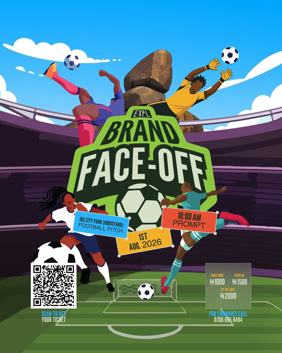 Cele__Audu's tweet photo. Forget the runway, this one will be settled on the football pitch.

8 fashion brands. 8 custom jerseys. One epic showdown. 

Who has the creativity and the football skills to claim bragging rights?

Come witness the maiden edition of Experience Plateau Brand Face Off. Trust me, you don’t want to miss it.

🎟️ Reserve your ticket: https://t.co/oH1VK15xgU

Don’t miss out. 🔥 

#ExperiencePlateau
#ExperiencePlateauBrandFaceOff