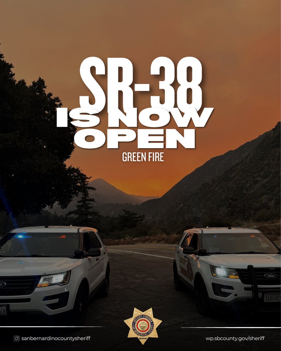 sbcountysheriff's tweet photo. SR-38 is now OPEN.

Please drive safely and watch for emergency personnel in the area.

Mountain Home Village remains under an evacuation warning. Continue to follow our social media channels for the latest Green Fire updates. https://t.co/7txMjOCALT