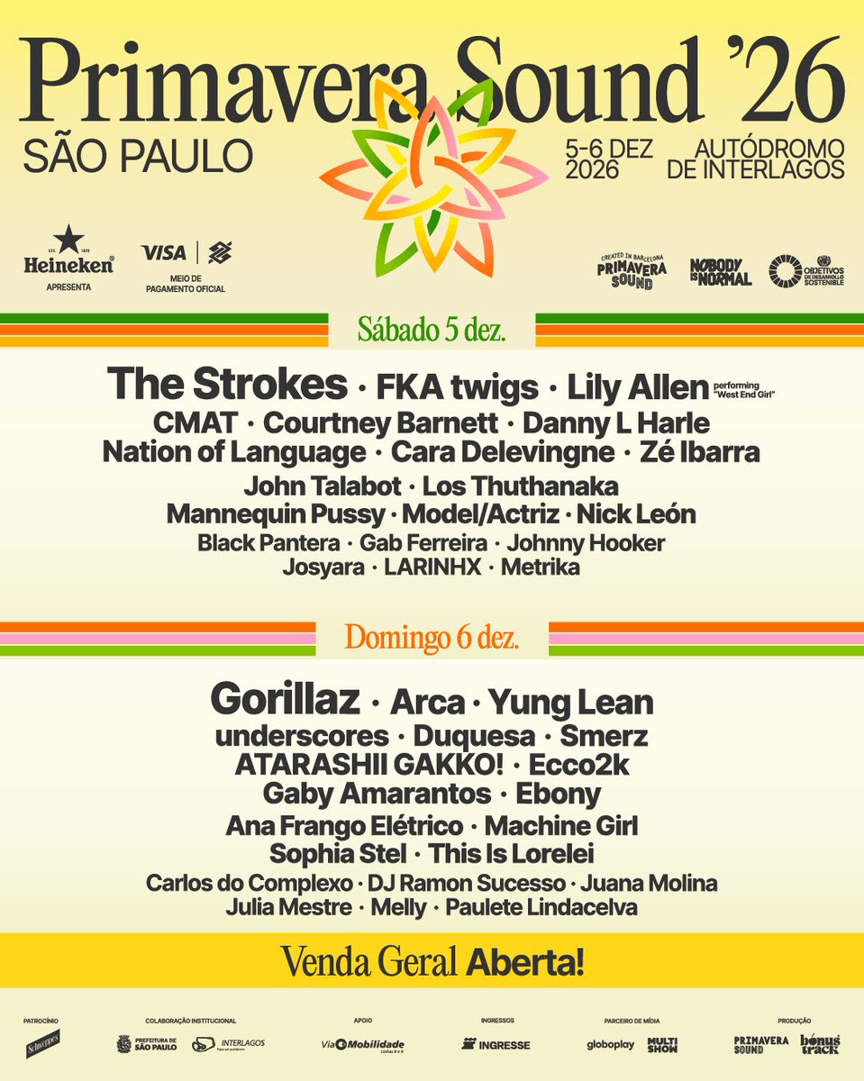PsSaopaulo's tweet photo. As vendas do Primavera Sound São Paulo estão abertas para todo mundo! Vem curtir Gorillaz, The Strokes, FKA Twigs, Arca, Yung Lean, Lily Allen e muito mais com a gente! https://t.co/5CsRKtR9fP