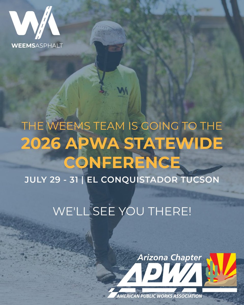 AsphaltWeems's tweet photo. Tucson bound! The Weems Team is attending the APWA conference tomorrow, and we���re looking forward to seeing everyone.

If you're going to be there, make sure to say hi to the crew when you see us. We’ll see you on the floor!

#WeemsAsphalt #APWA #PublicWorks #TucsonAZ https://t.co/3SyWZKnDkW