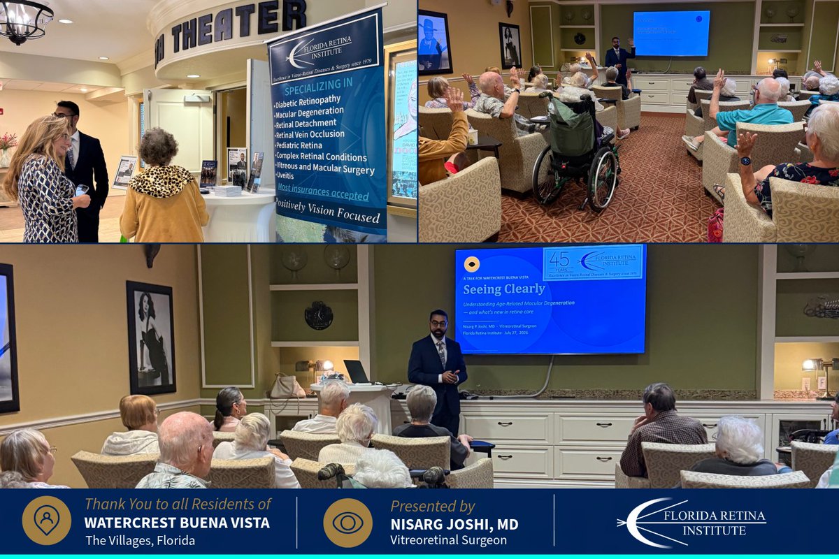 floridaretina's tweet photo. Understanding Age-Related #Macular #Degeneration and What's New in Retina Care. Thank you residents of Watercrest Buena Vista for the warm welcome. Dr. Nisarg Joshi and our team were honored to present this #educational seminar and share the latest #insights in #retina #care. https://t.co/TnGzyTcH57