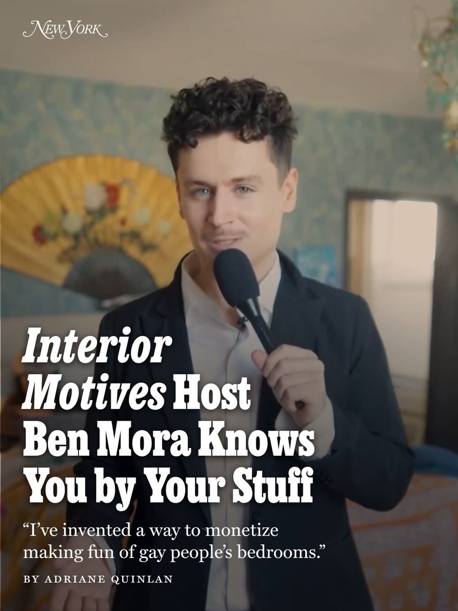 NYMag's tweet photo. Ben Mora arrived in New York this summer with nothing more than a carry-on, and he has no plans to ­decorate his sublet: a monklike cell with a full-size bed, a fan, and bare white walls. But Mora thinks that if you look close enough, you can tell this is the room of a 31-year-old gay man in the city. “You get male immediately. Cis male,” he says. The tells are no hangers in the closet, balled-up socks shoved into a corner, and a suit thrown over a floating shelf. As for gay: “The beauty products would probably give it away,” he says, pointing to serums on a closet shelf. 

This is Mora’s shtick, a bit he turned into the celebrity-­studded online game show Interior Motives, which debuted last ­summer on YouTube. It now has 120,000 subscribers on that platform, more than 5 million views, an international version, and a Patreon, where fans pay $7 per month for extra, R-rated episodes and the chance to play against one another live. Contestants join Mora on a recorded remote call to look at photos of three bedrooms and try to guess an owner’s gender identity, ­sexuality, age, and location. 

The idea that our objects are actually legible in this way, Mora says, “is fundamentally stupid.” But certain guessers are surprisingly astute in ways that are mesmerizing to watch and occasionally informative. A poster of Zendaya may seem femme but actually suggests masculinity to the artist Juliana Huxtable, who notes that the actress has “really intense futch energy.” In a messy, mattress-on-the-floor room with a Swans poster, actress Ivy Wolk doesn’t spot enough books for an incel, and Courtney Love agrees. 

Read our full interview with Mora on how the show has grown, since launching from his childhood bedroom in Iowa: https://t.co/uGjHj5x2t8