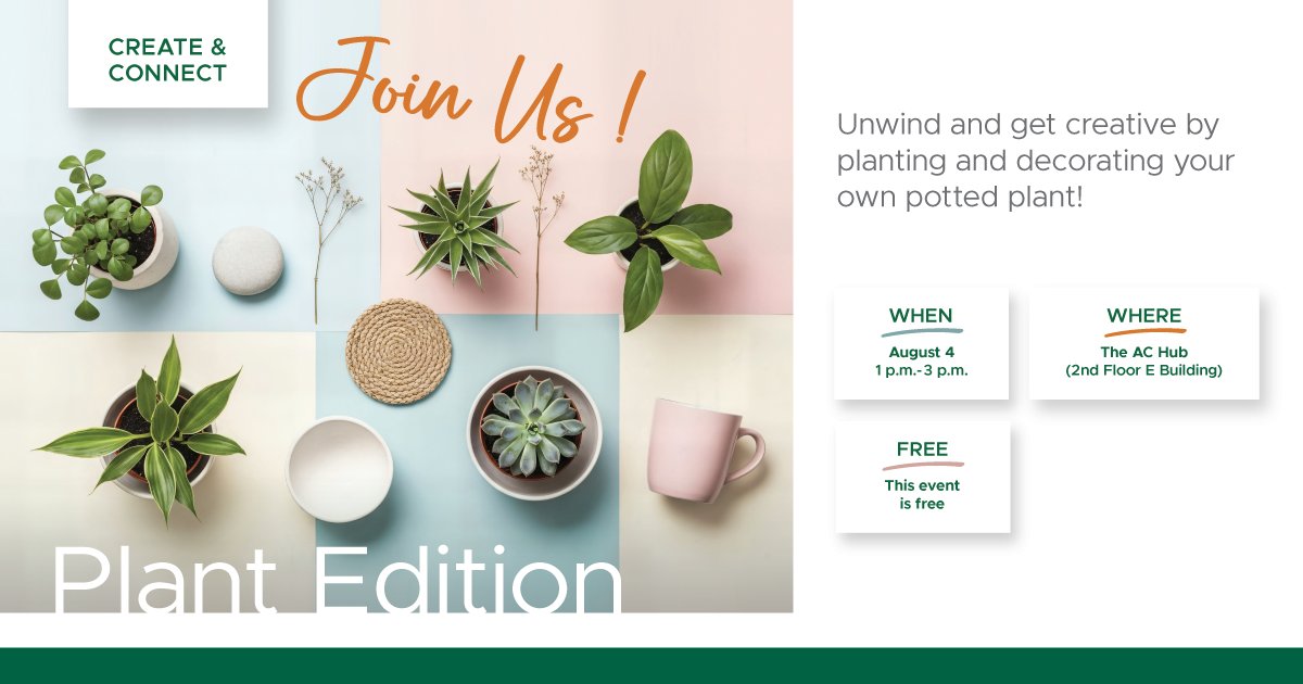 AlgonquinSS's tweet photo. Get your green thumb ready for Create &amp; Connect: Plant Edition with the AC Hub!🪴🎨 

On August 4, unwind and get creative by planting and decorating your own potted plant to take home.

🎟️ Advanced registration is required to secure your spot: https://t.co/Ibw9ndvOIM https://t.co/Qj8DiolCMt