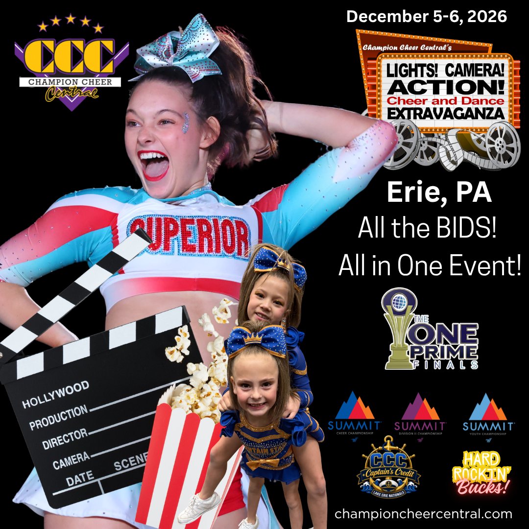 ChampionCheerCe's tweet photo. 🎬 LIGHTS! CAMERA! ACTION! 🎥✨
Get ready to take center stage at the Lights! Camera! Action! Cheer and Dance Extravaganza!
📅 December 5–6, 2026
📍 Bayfront Convention Center
🌊 Erie, Pennsylvania
Because at CCC, every athlete deserves their moment in the spotlight! https://t.co/gStjdPo5aM