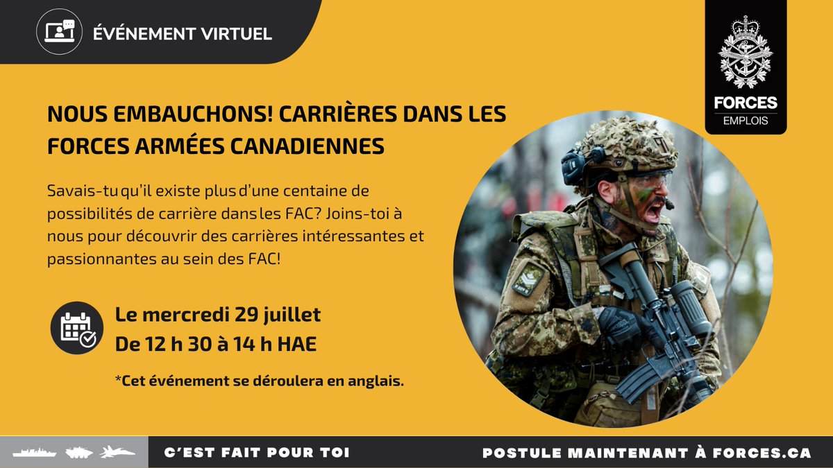 ForcesCanada's tweet photo. Savais-tu qu’il existe plus d’une centaine de possibilités de carrière dans les Forces armées canadiennes? Joins-toi à nous pour en savoir plus sur le processus d’enrôlement et les carrières offertes : https://t.co/Ap0BX4wh3b https://t.co/8N0OlKUJLY