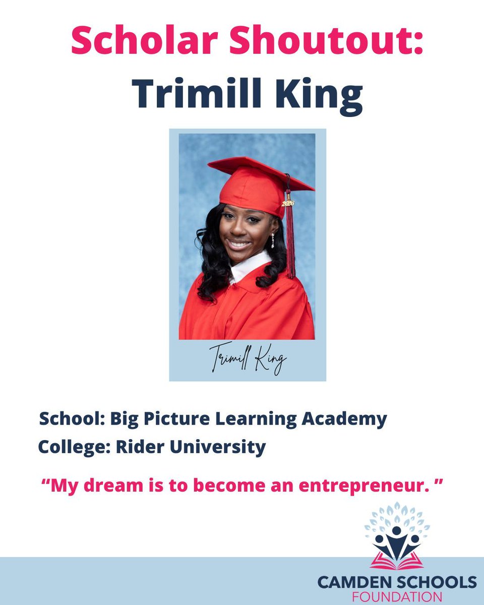 CamdenSchFdn's tweet photo. Today's Scholar Shoutout is dedicated to our 2026 Scholarship Recipient Trimill King. She graduated from Big Picture Learning Academy and is planning to attend Rider University in the fall. Congratulations Trimill on your achievements! https://t.co/P02MgRTPsW