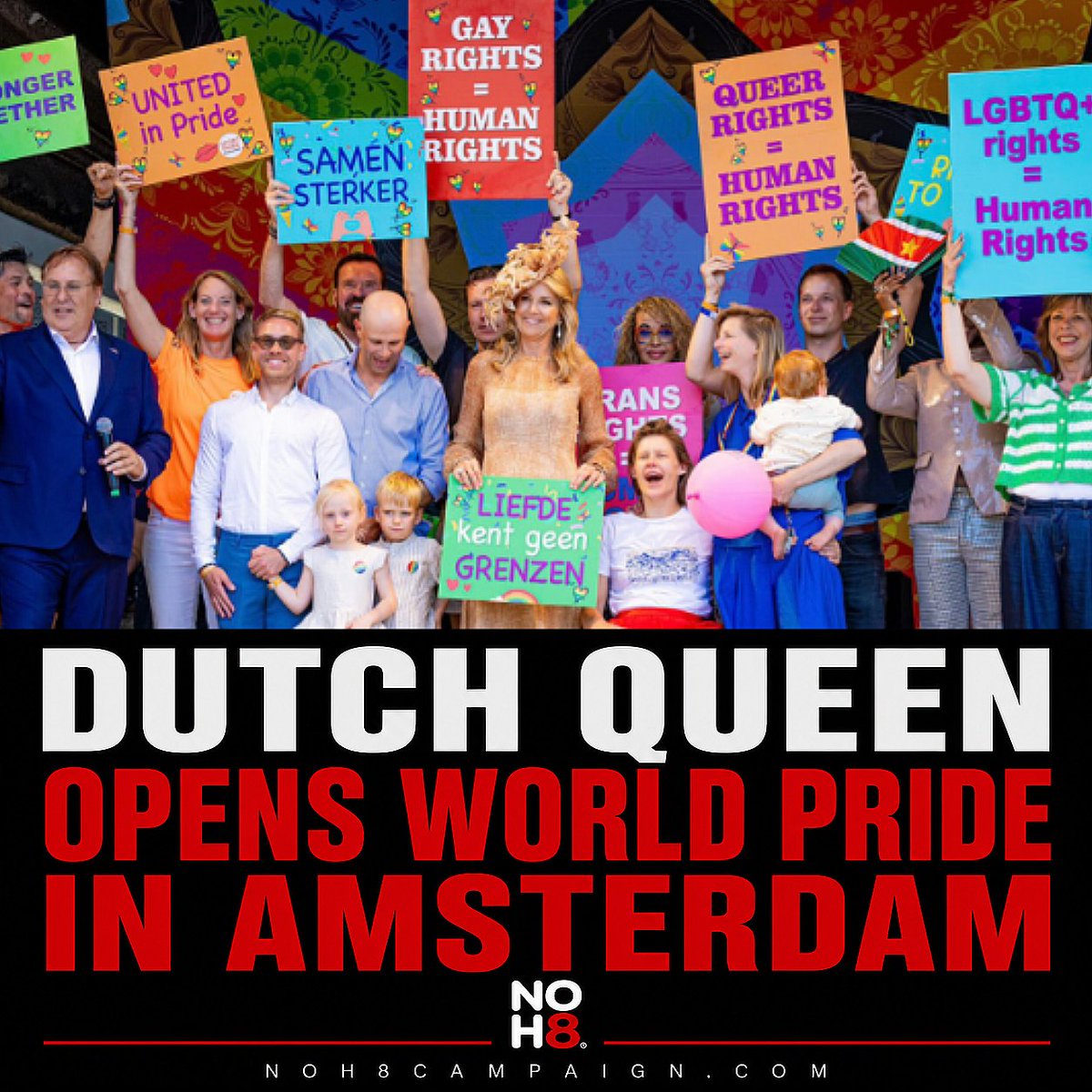 NOH8Campaign's tweet photo. Queen Máxima officially opened the 2026 WorldPride celebration in Amsterdam, becoming the first reigning Dutch monarch to open a WorldPride event. She joined thousands in celebrating LGBTQIA+ equality, visibility, and human rights #NOH8 https://t.co/x0MWJ8hbTg