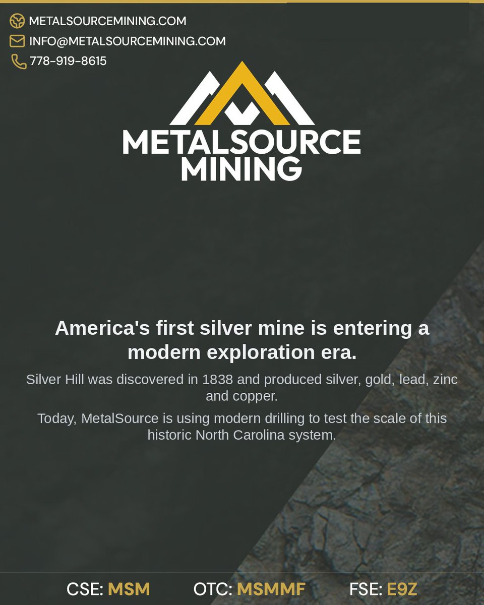 Metalsource_inc's tweet photo. America's first silver mine is entering a modern exploration era.

Silver Hill was discovered in 1838 and produced silver, gold, lead, zinc and copper.

Today, MetalSource is using modern drilling to test the scale of this historic North Carolina system.

Questions? Call: 778-919-8615 or Email: info@metalsourcemining.com

CSE: $MSM.CN | OTC: MSMMF | FSE: E9Z

#Mining #Silver #Gold #NorthCarolina