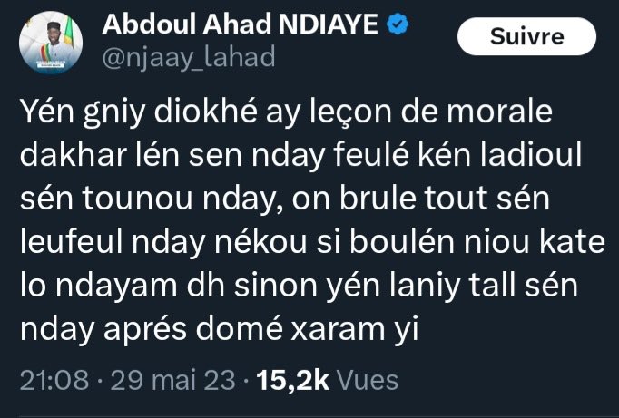 fromBronxxxx's tweet photo. @ConseilLex94512 @Cisse_Maps @njaay_lahad Néna ioe mii dii dioxei leçon de morale nga dakhar ndm feulei 👍🏾 https://t.co/Wk5ahflZEd