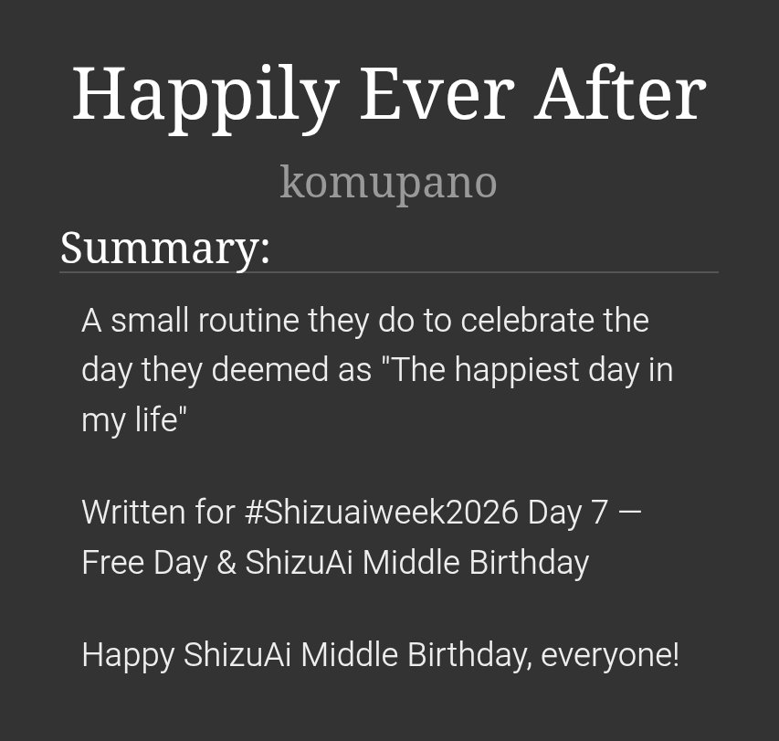 tozaisen_05's tweet photo. "Let's live happily ever after together!"

Written for #Shizuaiweek2026 Day 7 — Free day &amp; #しずあいしず真ん中バースデー2026

Happy ShizuAi Middle Birthday, everyone! 🍑💧

https://t.co/221TFZC98N

#ShizuAi #しずあい https://t.co/GbREs1VEge