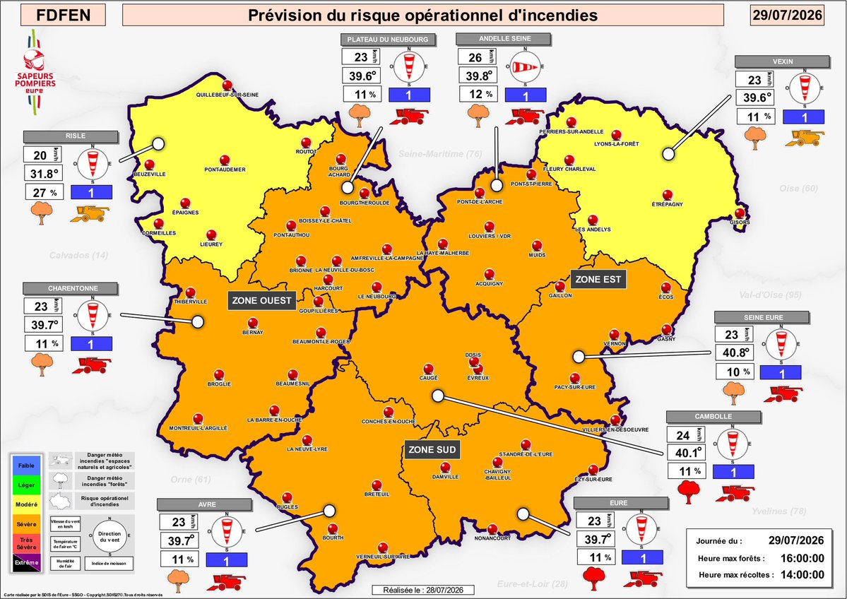 Image de Préfet de l'Eure - #Feux | Le risque d'#incendie est sévère 🟠 dans l'#Eure mercredi 29/07, dans :

🌳 les forêts 👉vér