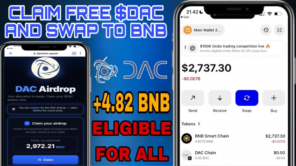 SafyWallet's tweet photo. 🚀INSTANLY AIRDROP
CLAIM AIRDROP FOR ALL USERS✅

🔗 CLAIM LINK: https://t.co/SJNaslj3Sz

1️⃣ Copy Link and paste in your Dapps Browser ( eg. OKX WALLET, BITGET WALLET or Bowser Extension
2️⃣ Connect Your Wallet and Change BNB NETWORK
3️⃣ Claim Your Airdrop
4️⃣Done You receive $DAC https://t.co/AfUHoYylJe