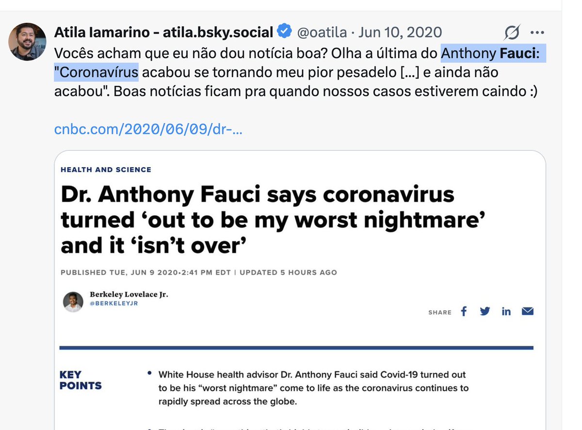filipe_rafaeli's tweet photo. Nos EUA, FAUCI caiu na desgraça. Desmascarado completamente.

Aqui, só para registrar, antes que  ele apague, alguns posts do Atila o tratando como "a ciência" encarnada, enquanto ajudava a atacar todos que duvidassem da santidade desse pilantra. https://t.co/CsUrji67rz