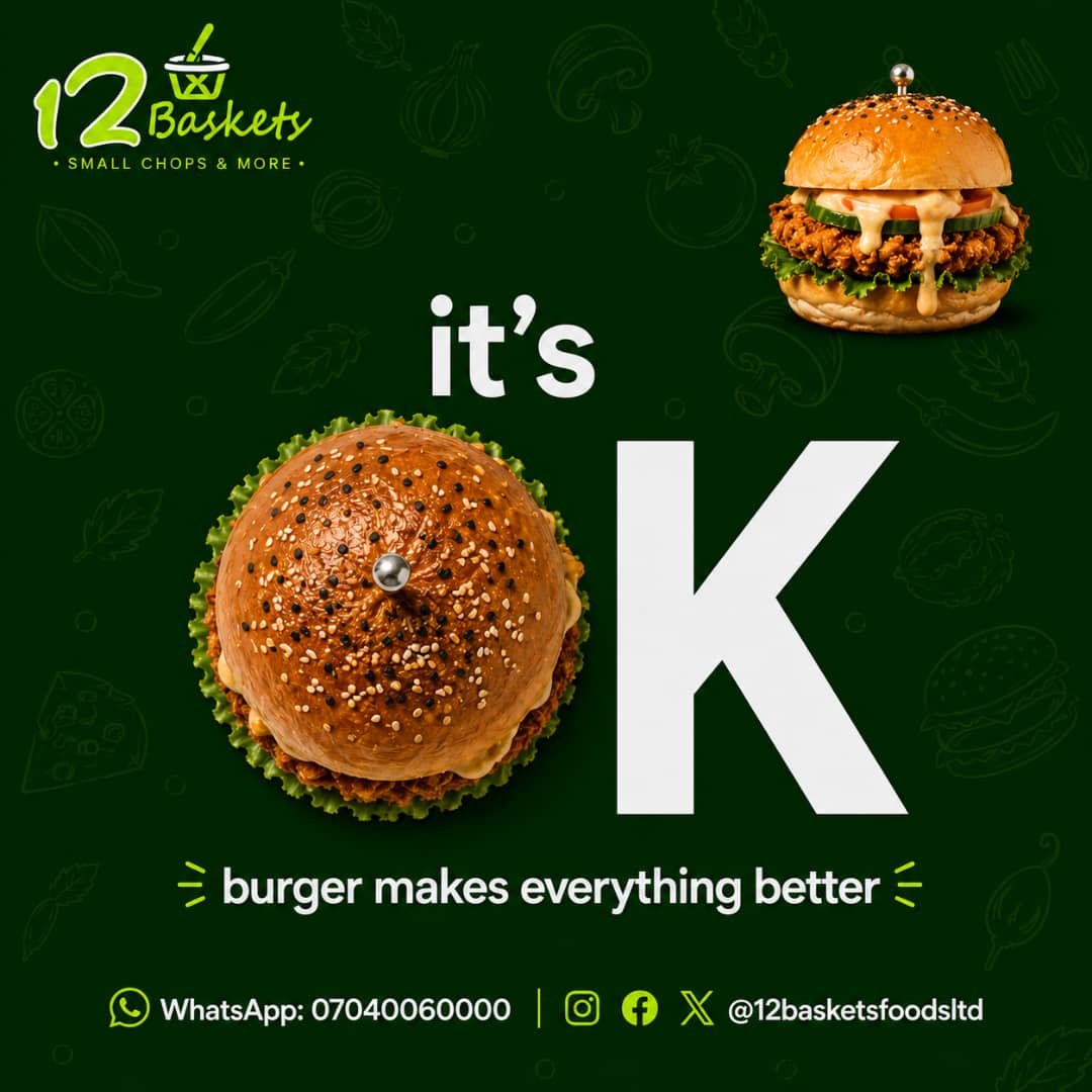 12BasketsHQ's tweet photo. Burgers this good deserve your full attention. 👀🍔

Perfectly toasted. Perfectly juicy. Perfectly satisfying.

One bite is never enough.
 Think Delicious. Think 12Baskets.💚

#Burger #LagosFoodVendor #LagosCaterer #BulkOrder #EventCatering https://t.co/mRhgh4cx1r